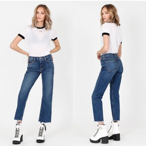 GRLFRND medium indigo blue wash denim Tatum cropped boot cut jeans‎ 25 - Picture 1 of 8
